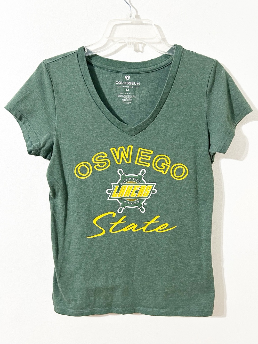 Women’s Medium Colosseum Oswego State Lakers V-Neck T-Shirt Green Yellow Size M